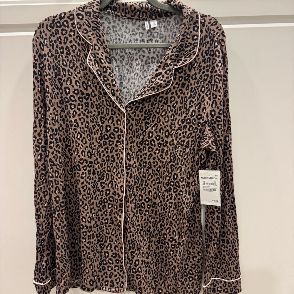 Nordstrom Tan and Cream Leopard Button Down Pajama Shirt with Notched Collar